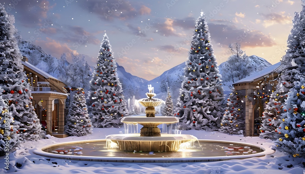 Christmas scenery with a fountain. Generative AI. Christmas scenery with a fountain. Generative AI.