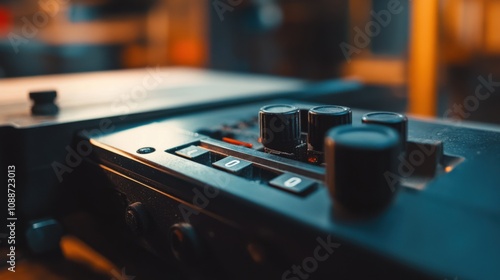 A macro photograph of the miter saw controls, focusing on the buttons and settings, with the surrounding area softly blurred.