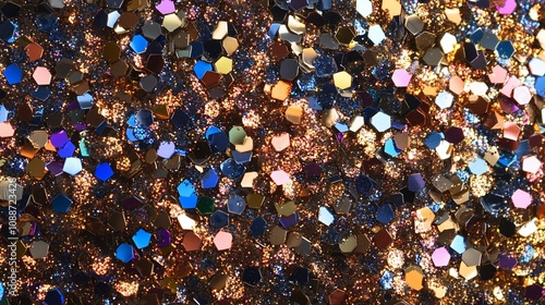 Close-up of iridescent glitter texture with gold, bronze, blue, and pink hues.