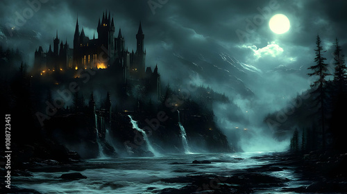 Enchanted Castle by Moonlight: Dark Fantasy Art photo