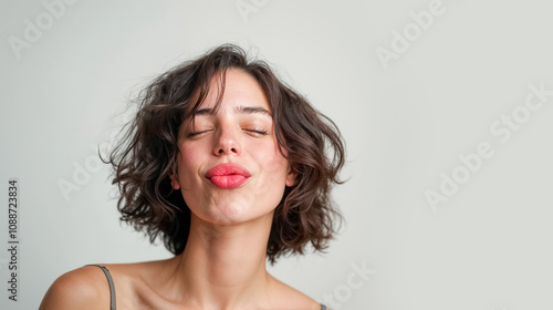 jeune femme qui fait un bisou avec ses lèvres, les yeux fermés - fond gris clair photo