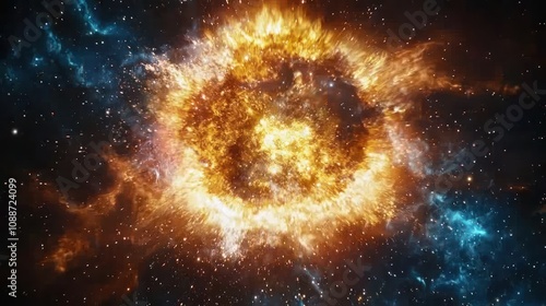 A dramatic cosmic explosion depicting a supernova, with vibrant colors and swirling gases filling the spaceS