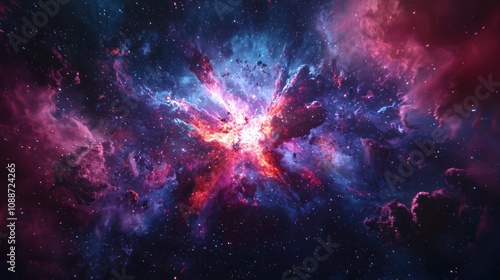 A dramatic cosmic explosion depicting a supernova, with vibrant colors and swirling gases filling the spaceS