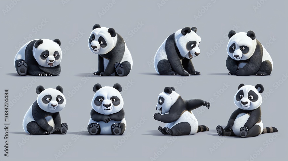 A set of eight cartoon panda bears in different poses. A set of eight cartoon panda bears in different poses.