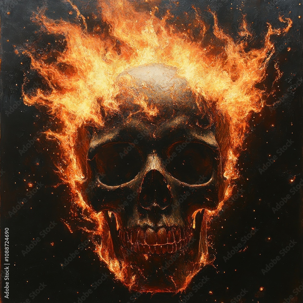 A fiery skull surrounded by flames, symbolizing danger or transformation. A fiery skull surrounded by flames, symbolizing danger or transformation.