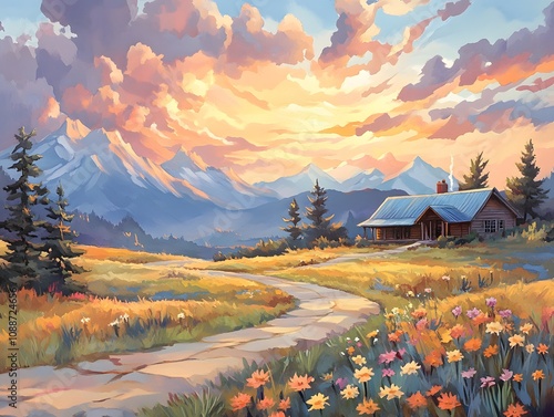 Watercolor wall art concept.A serene landscape featuring a quaint cabin amidst vibrant meadows and majestic mountains under a colorful sunset sky.