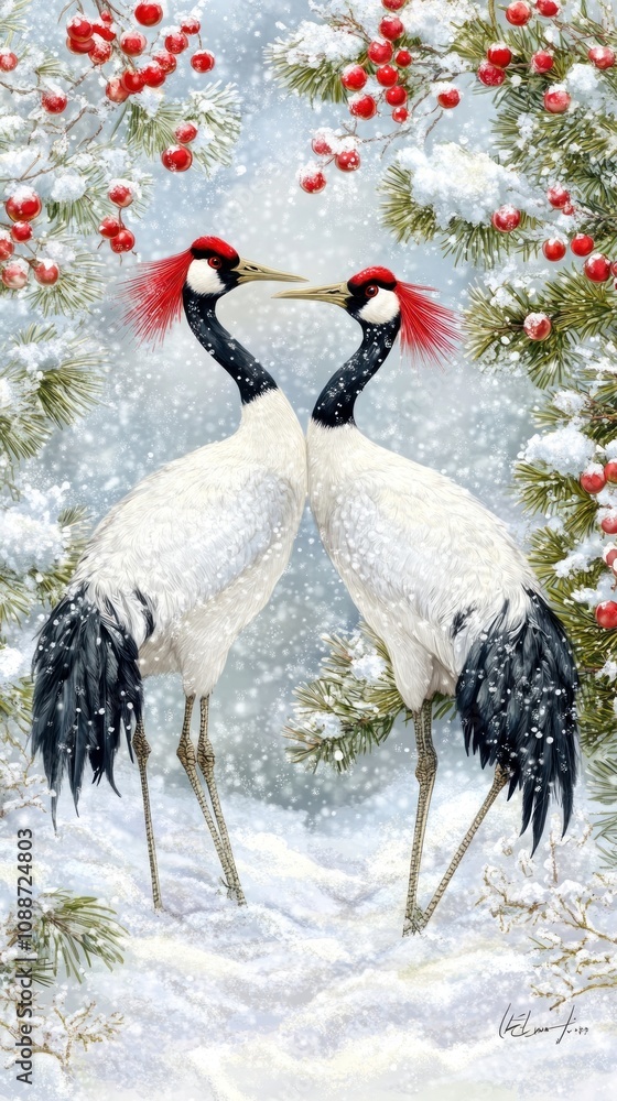 Obraz premium Two red-crowned cranes with their necks intertwined in a heart shape, standing in a snowy forest with red berries on the trees.