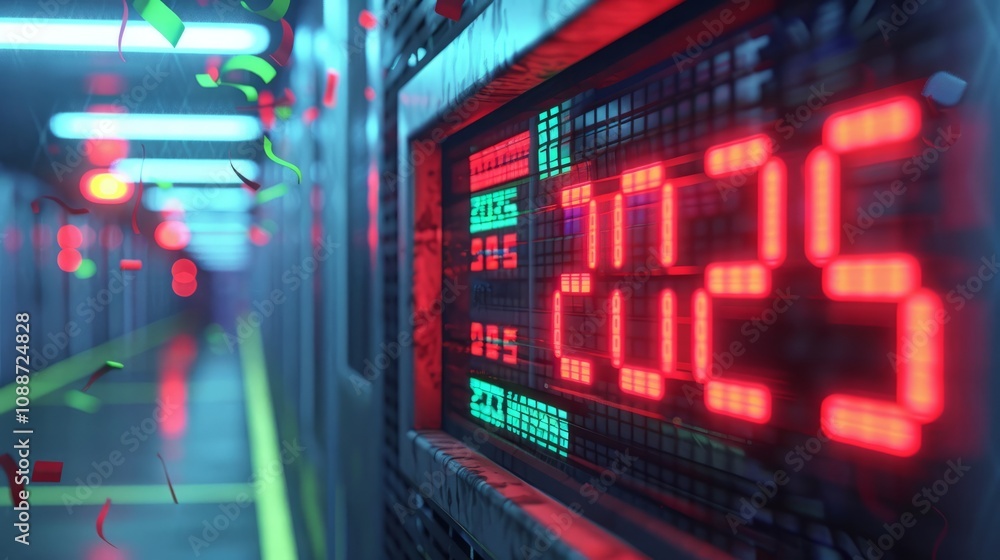 Obraz premium Digital countdown timer in a futuristic corridor.
