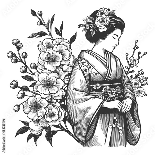 geisha in traditional kimono, surrounded by detailed blooming flowers and foliage sketch engraving generative ai fictional character vector illustration. Scratch board imitation. Black and white image