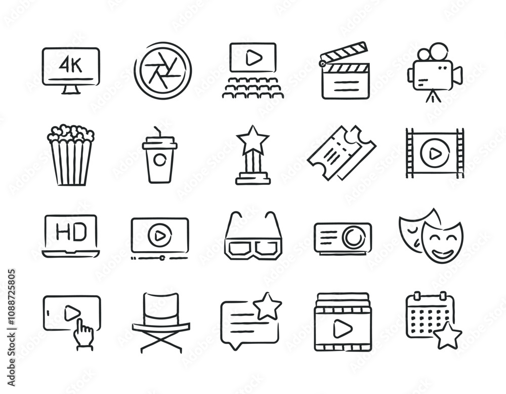 Movie video hand drawn doodle sketch style line icons Movie video hand drawn doodle sketch style line icons