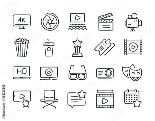 Movie video hand drawn doodle sketch style line icons