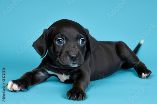 And white puppy on a blue . animal pet canine concept. a small and white puppy standing on blue . a small puppy standing on a lifestyle blue in.