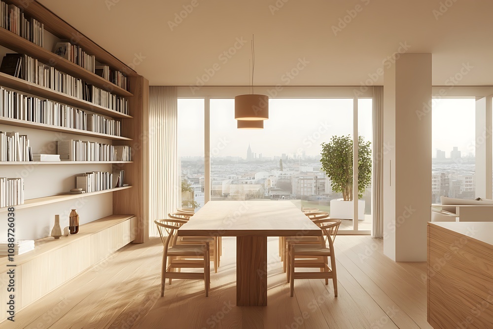 Fototapeta premium Modern Minimalist Dining Room With Balcony, Wooden Paneling, and Sunlight