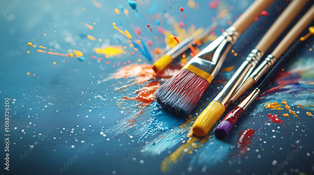 Fototapeta premium Art brushes lying on a blue surface covered in colorful paint splatter