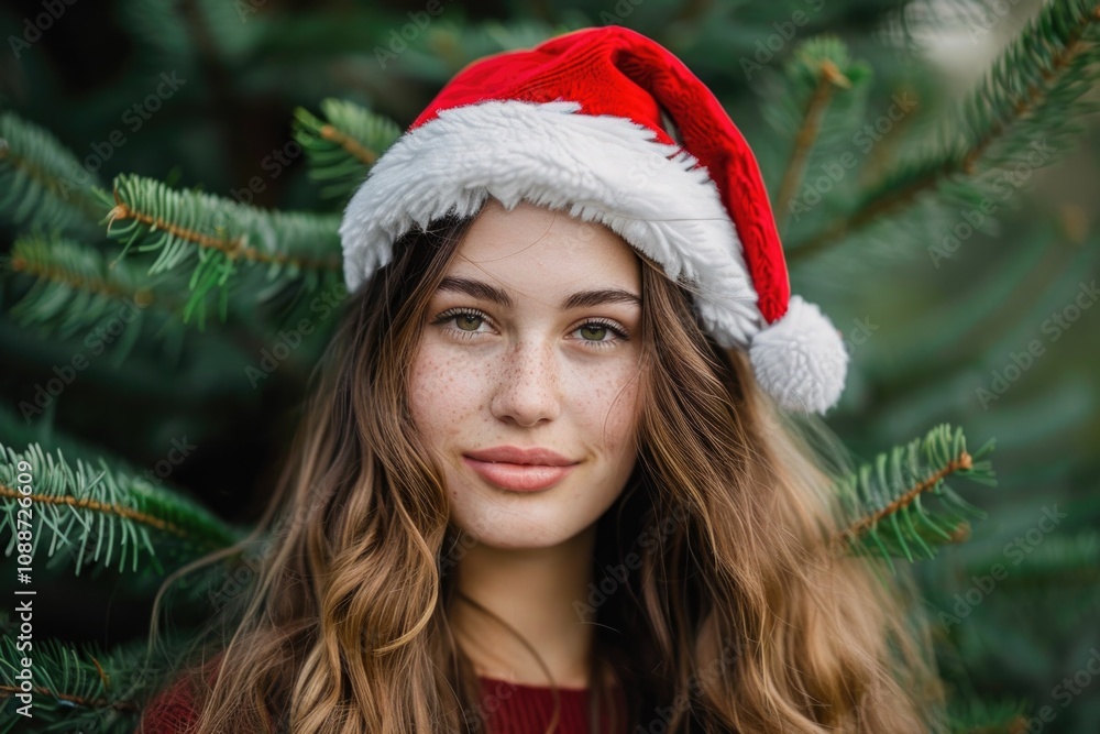 Woman in Santa Hat Smiling with Cheerful Expression for Christmas Celebration Woman in Santa Hat Smiling with Cheerful Expression for Christmas Celebration