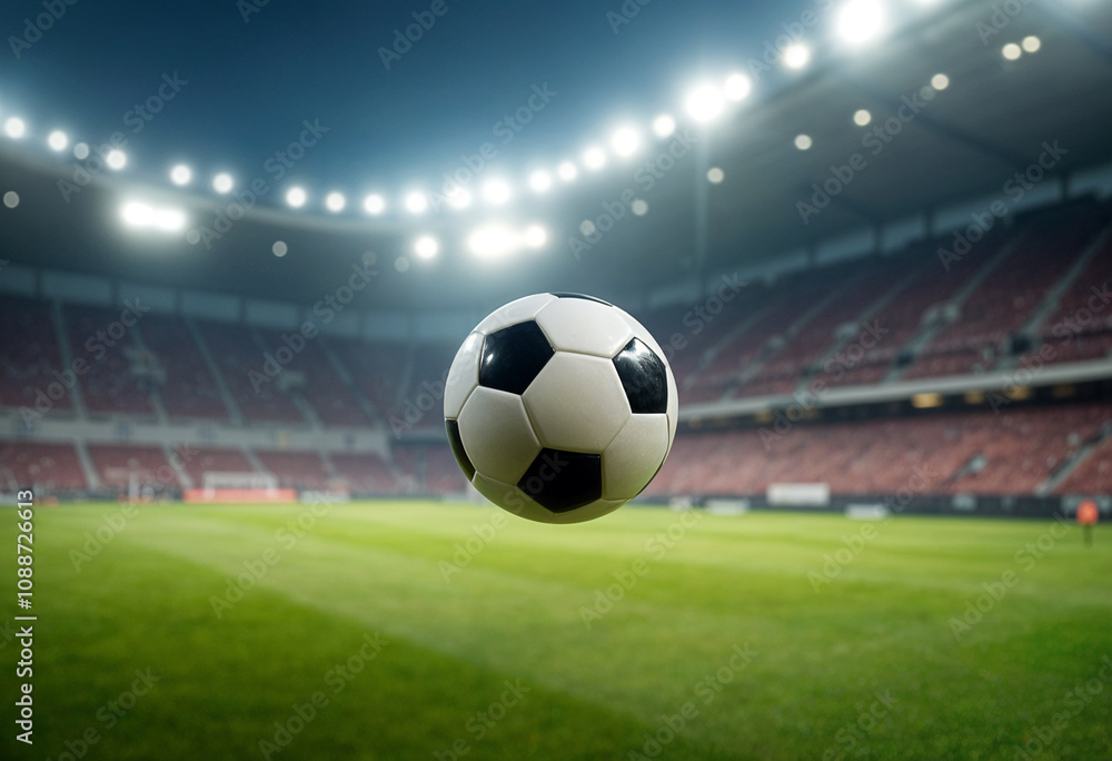 Naklejka premium A soccer ball flies above a stadiums grassy field.