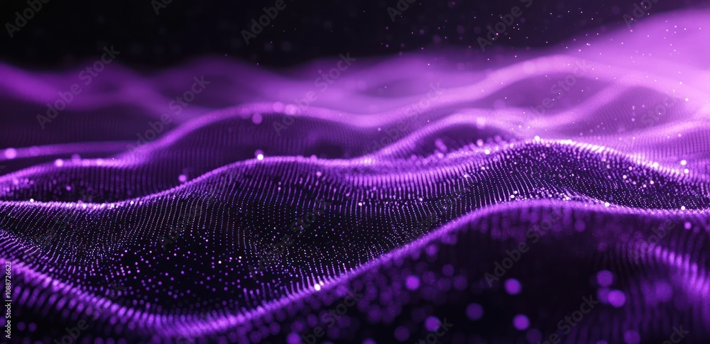 Abstract waves in purple hues with sparkling elements create a digital landscape. Abstract waves in purple hues with sparkling elements create a digital landscape.