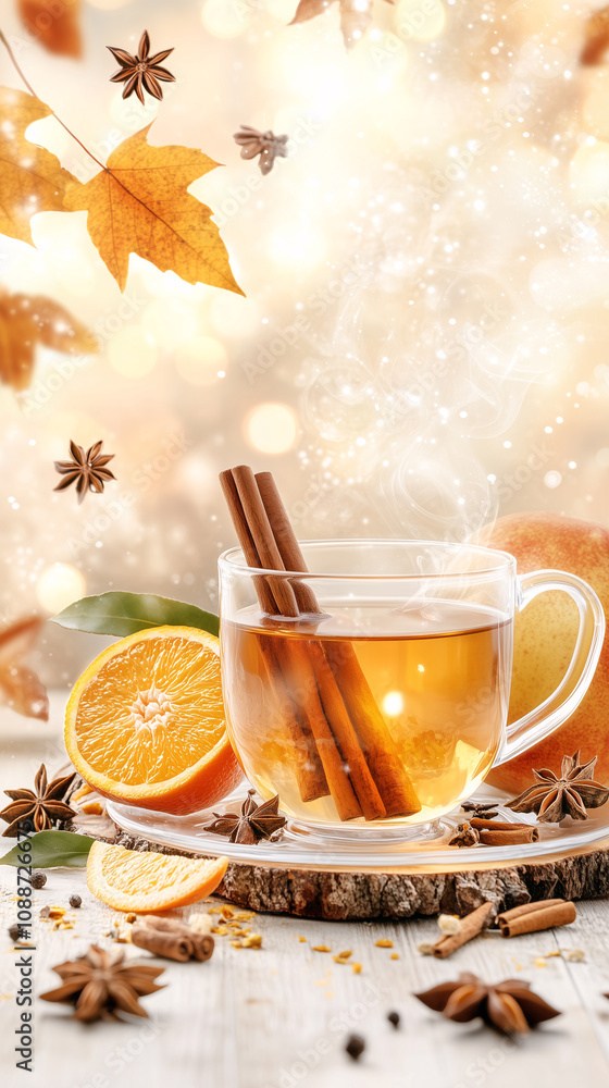 Steaming cup of tea with cinnamon, star anise and orange on a wooden table with autumn leaves in the background Steaming cup of tea with cinnamon, star anise and orange on a wooden table with autumn leaves in the background