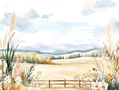 Watercolor wall art concept.A serene landscape featuring rolling hills, a wooden fence, and blooming flowers, all rendered in soft watercolor tones.