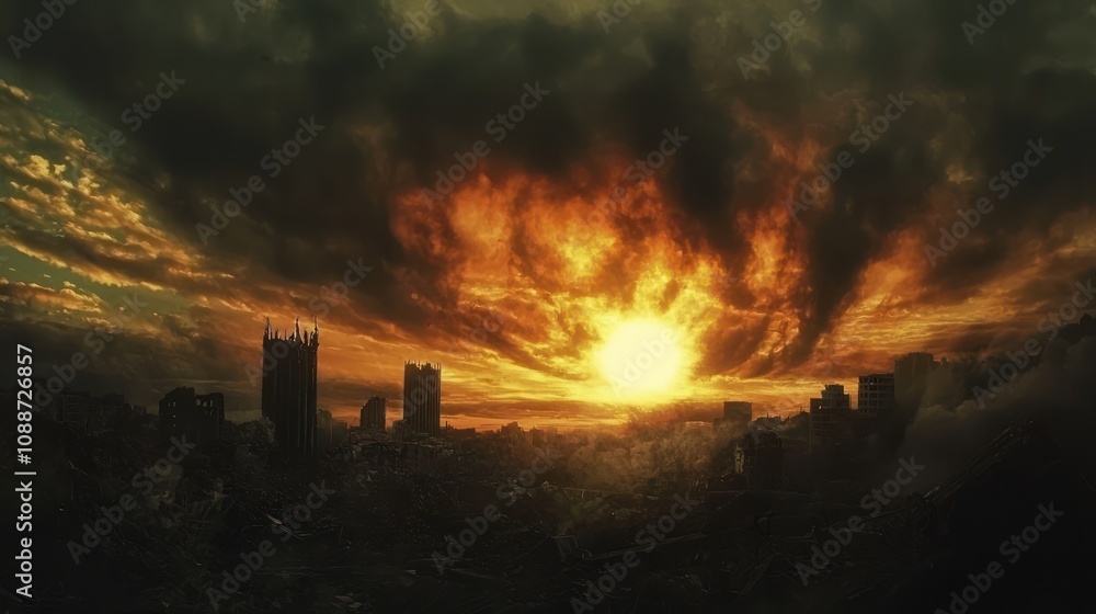 A dramatic sunset over an apocalypse landscape, with dark clouds swirling ominously in the sky A dramatic sunset over an apocalypse landscape, with dark clouds swirling ominously in the sky