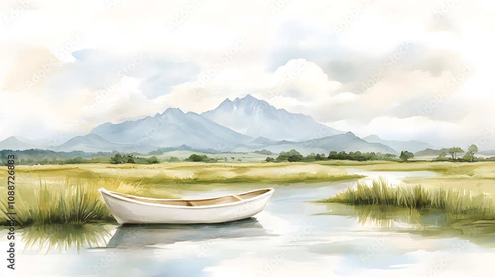 Obraz premium Watercolor wall art concept.A serene watercolor scene featuring a small boat on calm waters, surrounded by lush grasslands and distant mountains under a soft, cloudy sky.