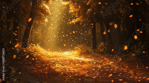Autumn forest path with falling leaves, warm golden hues, and soft light.