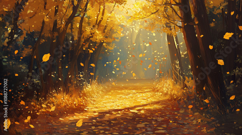 Autumn forest path with falling leaves, warm golden hues, and soft light.