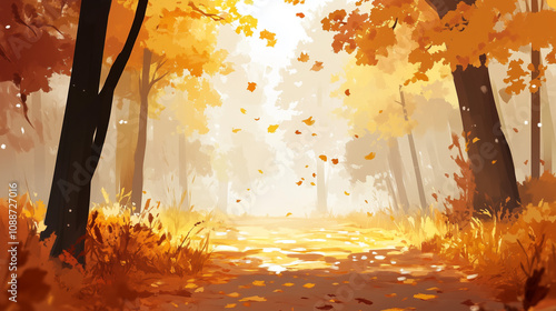 Autumn forest path with falling leaves, warm golden hues, and soft light.