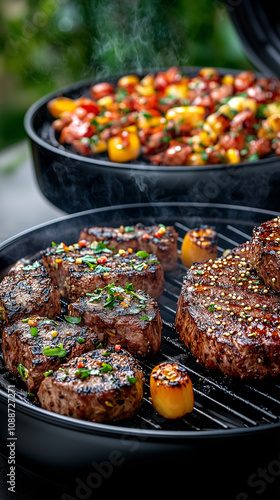 Delicious steaks and vegetables being grilled during a garden party