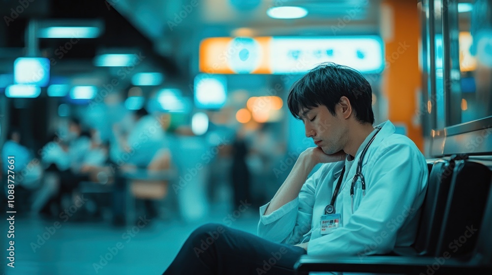 A weary doctor sits alone in a busy hospital, reflecting amidst a bustling environment. A weary doctor sits alone in a busy hospital, reflecting amidst a bustling environment.