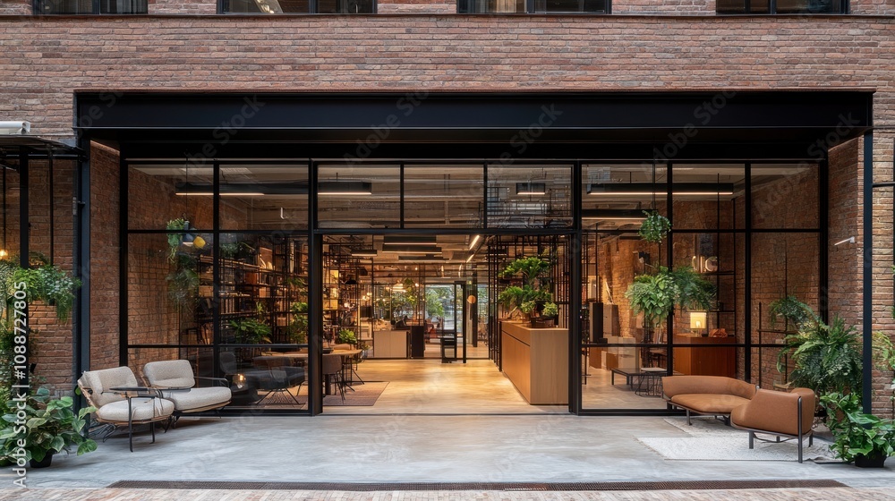 Modern entrance to a stylish, plant-filled workspace with a cozy seating area. Modern entrance to a stylish, plant-filled workspace with a cozy seating area.
