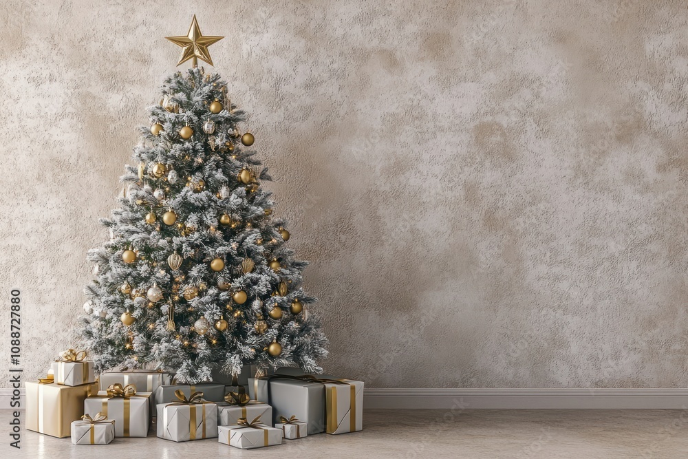 Fototapeta premium Beige wall with a Christmas tree christmas elegant gifts.