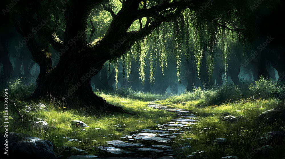 Enchanted Forest Path: Trees, Stone Walk, Tranquil Nature Scene, Lush Greenery, Serene Setting, Mystical Woods, Willow Weeping Branches, Sunlight Dappled, Peaceful Atmosphere, Magical Realm Enchanted Forest Path: Trees, Stone Walk, Tranquil Nature Scene, Lush Greenery, Serene Setting, Mystical Woods, Willow Weeping Branches, Sunlight Dappled, Peaceful Atmosphere, Magical Realm
