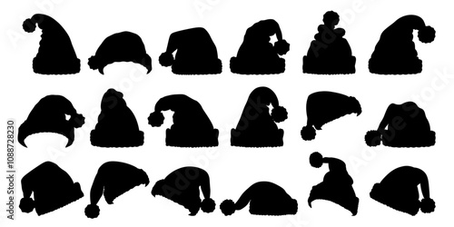 Set of black silhouette Christmas Santa Claus hats isolated. Hand drawn simple Santa hats.