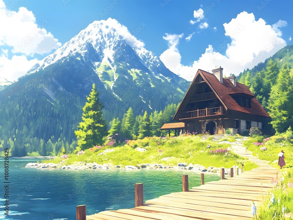 Fototapeta premium A serene lakeside cabin surrounded by lush greenery and majestic mountains under a bright blue sky.