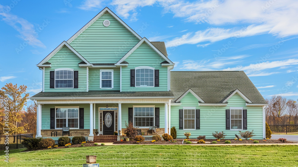 A tranquil mint green home with siding and shutters offers a serene retreat within the suburban landscape, its calming hue complementing the clear blue sky overhead. A tranquil mint green home with siding and shutters offers a serene retreat within the suburban landscape, its calming hue complementing the clear blue sky overhead.