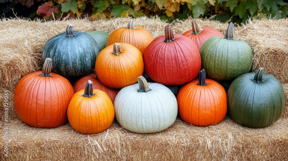 A Collection of Pumpkins of Various Colors and Sizes on a Bed of Hay A Collection of Pumpkins of Various Colors and Sizes on a Bed of Hay
