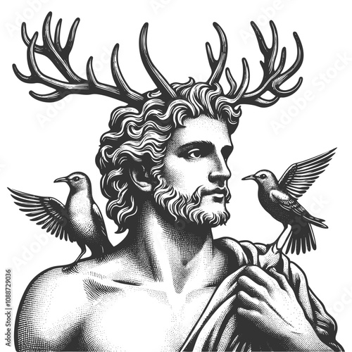 mythical man with antlers, surrounded by birds, symbolizing harmony with nature and mysticism sketch engraving generative ai vector illustration. Scratch board imitation. Black and white image.