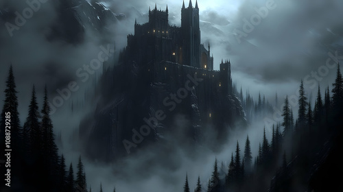 Dark Castle Stands Tall in Misty Mountain Peaks