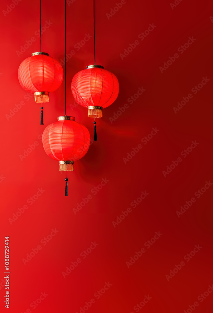 lanternes chinoises lumineuse en papier sur un fond rouge avec espace vide pour texte - format vertical lanternes chinoises lumineuse en papier sur un fond rouge avec espace vide pour texte - format vertical