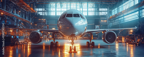 Wallpaper Mural modern aircraft in spacious hangar, showcasing advanced engineering and design. scene highlights aircraft sleek body and powerful engines, surrounded by industrial equipment Torontodigital.ca