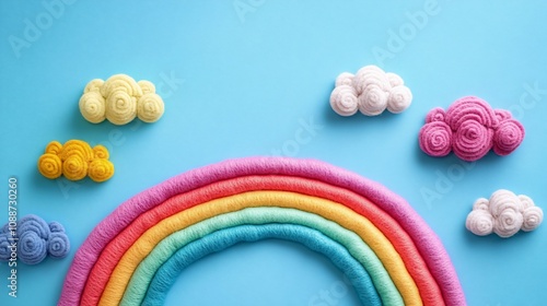 Colorful yarn rainbow and clouds on blue background.