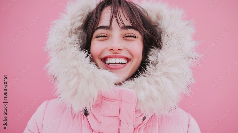 Joyful smiling woman in warm pink jacket urban setting portrait photography vibrant background emotional expression for happiness Joyful smiling woman in warm pink jacket urban setting portrait photography vibrant background emotional expression for happiness
