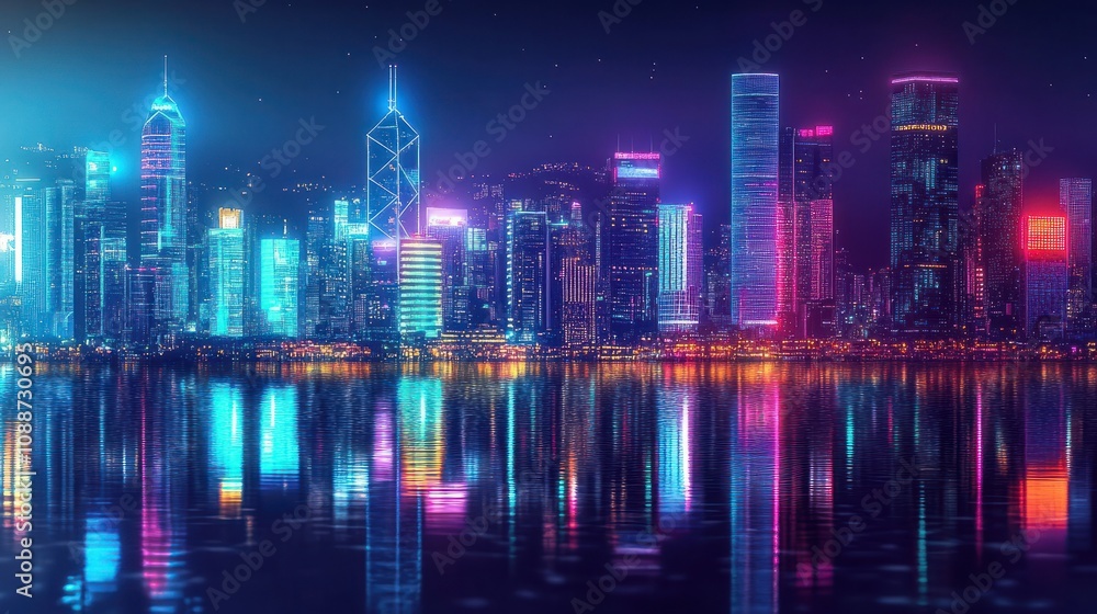 Fototapeta premium Vibrant city nightscape, modern skyscrapers illuminated by neon lights, reflecting in the water