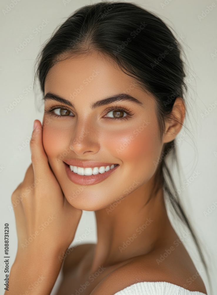 Smiling woman with glowing skin in a natural light setting indoors Smiling woman with glowing skin in a natural light setting indoors