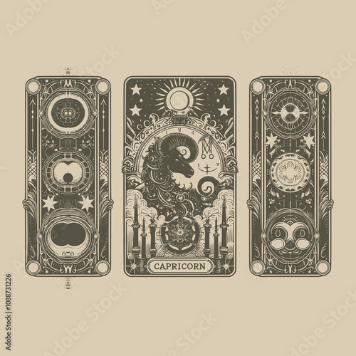 vintage styled capricorn zodiak tarot tattoo