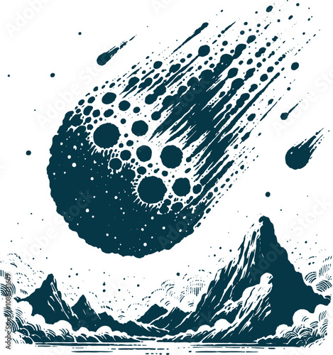 A large meteor with a textured surface falling towards a mountainous landscape depicted in a detailed monochromatic illustration style suitable for use in science fiction or fantasy artwork