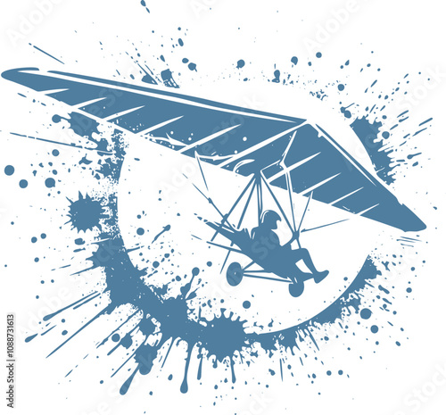 Silhouette of a Hang Glider Pilot in Flight with Abstract Paint Splatter Background Suitable for Adventure Sports Promotions and Artistic Designs