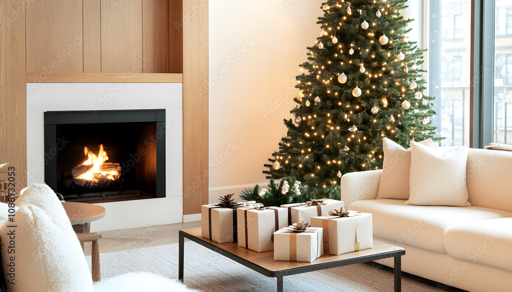 Giftbox in living room. Holiday Christmas season Giftbox in living room. Holiday Christmas season