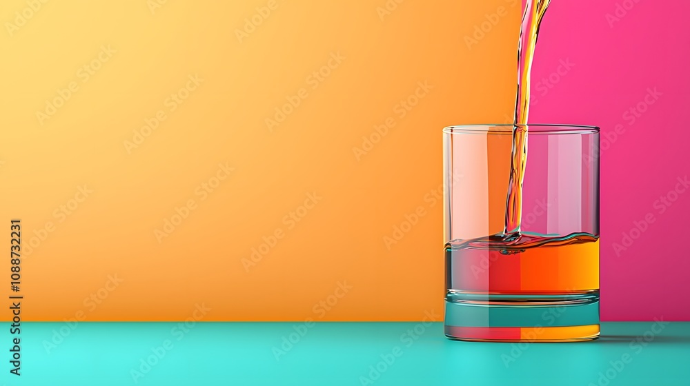 Refreshing Energy Drink Poured into a Crystal Clear Glass Against Bright Neon Background. Sports Drinks, Energy, Replenish Concept Refreshing Energy Drink Poured into a Crystal Clear Glass Against Bright Neon Background. Sports Drinks, Energy, Replenish Concept